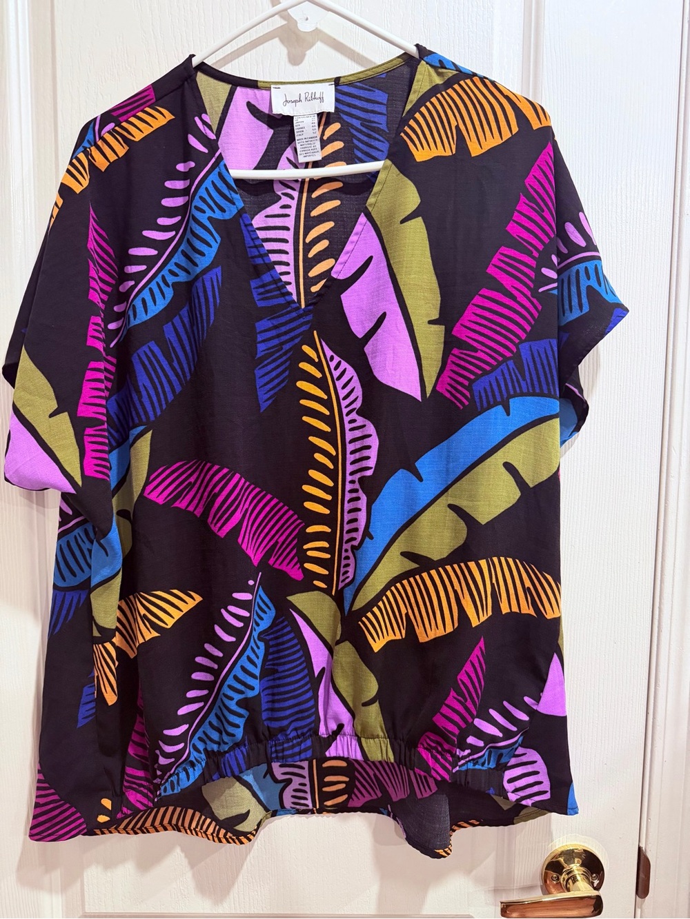 Joseph Ribkoff Black V-Neck Top with Purple, Blue and Olive Leaf Print